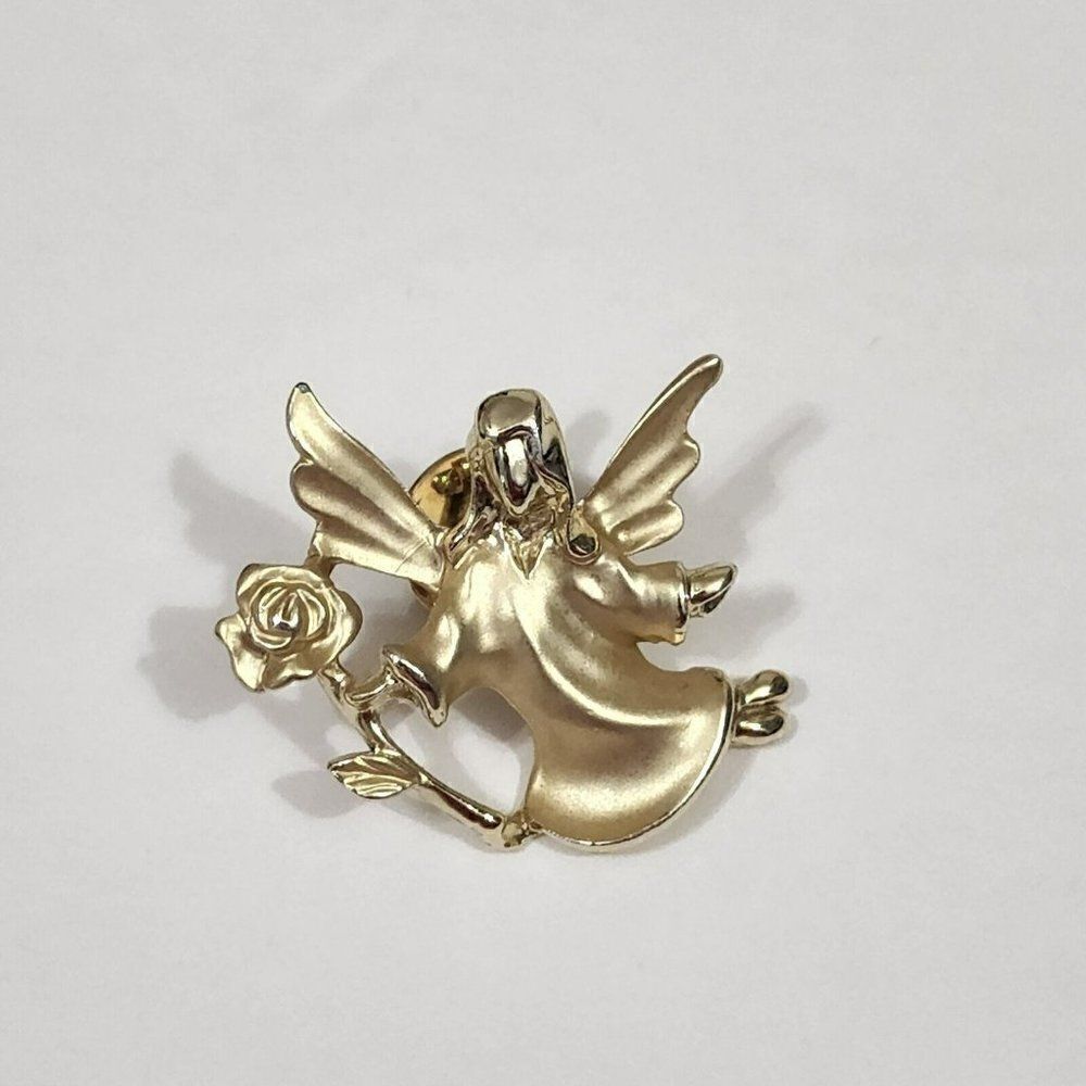 Giusti Gold Tone Angel With Rose Fashion Scarf Lapel Pin 1.25" Shiny Matte